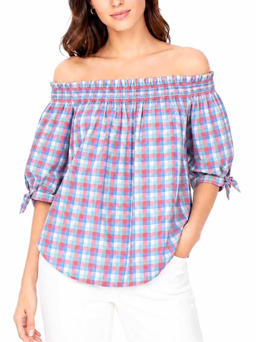Kate Spade Sunshine Madras Off the Shoulder Smocked Cotton Top - Size Medium